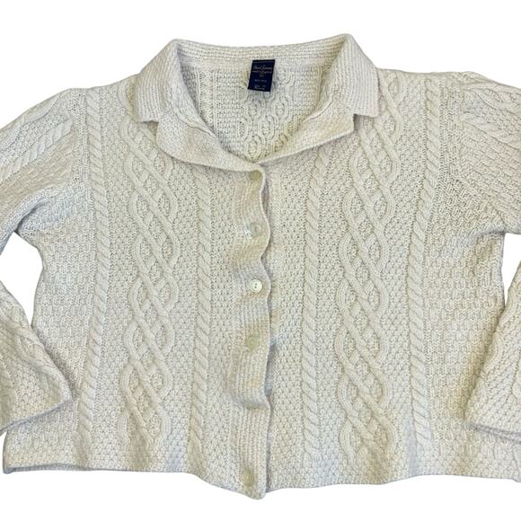 Paul James Sz L 100% Wool Chunky Cable Knit Cardigan Cream Fisherman Shrunken - Picture 6 of 16